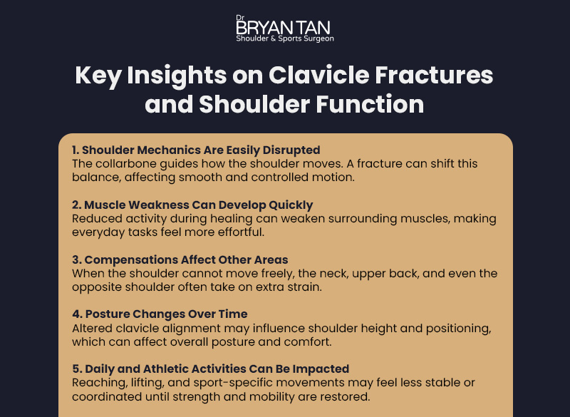 Informative graphic titled “Key Insights on Clavicle Fractures and Shoulder Function” with five orthopedic points.